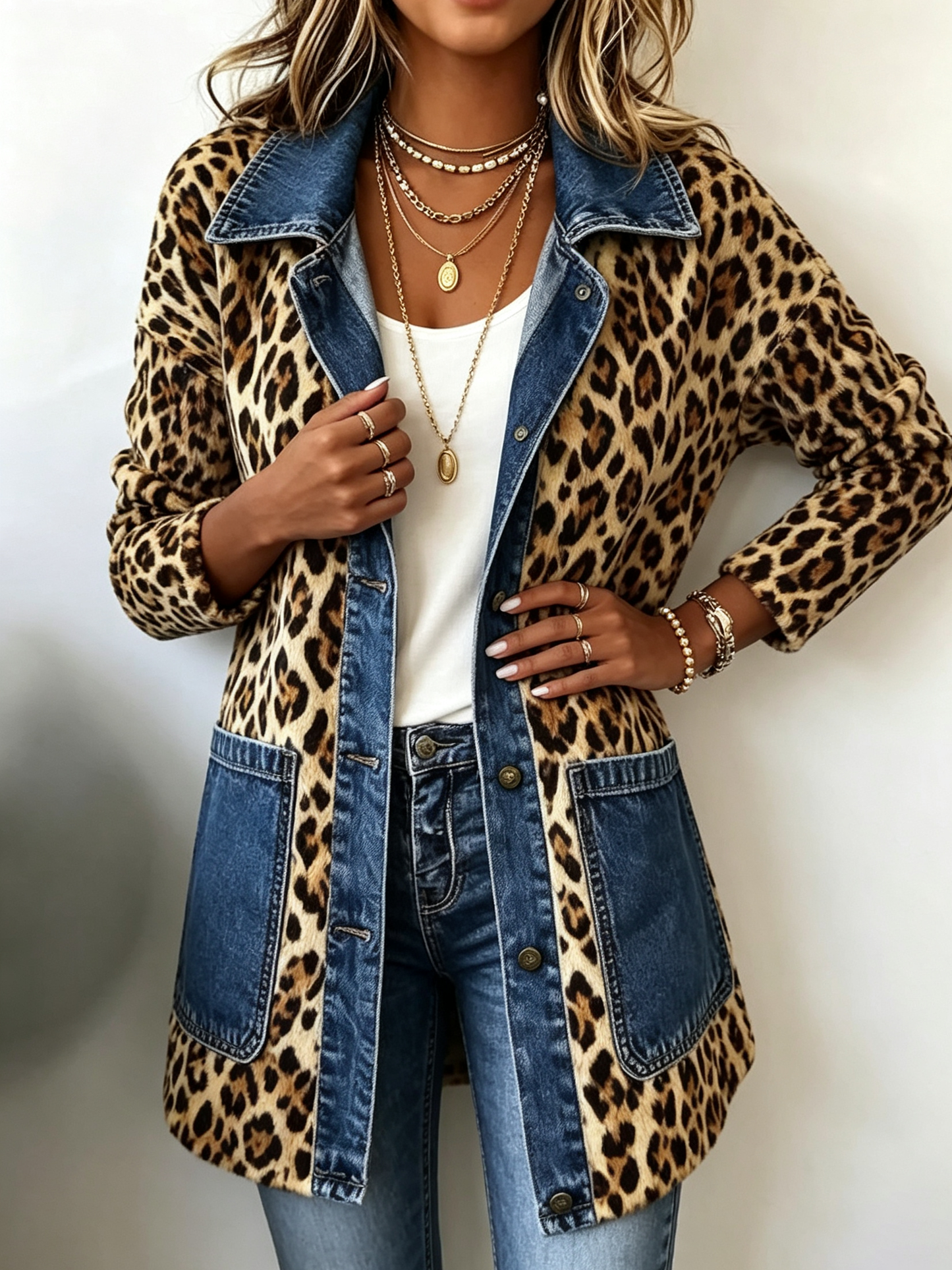 DILETTA™ | Giacca Lunga Leopardo e Denim