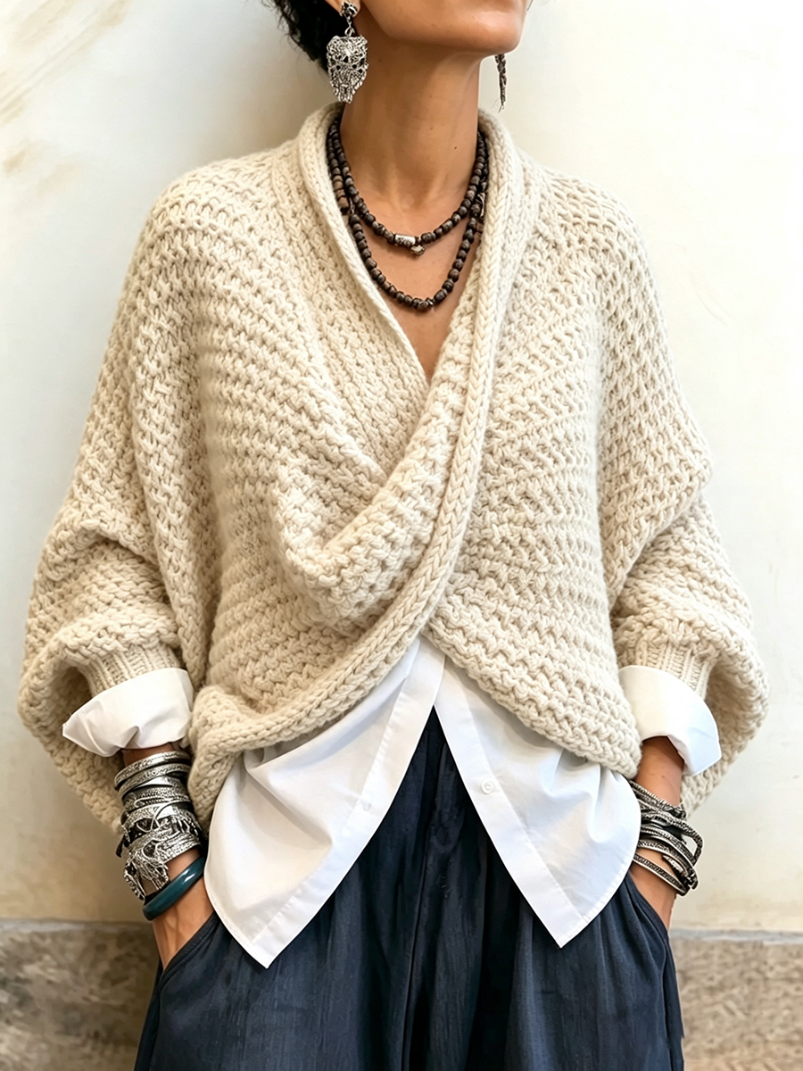 WANDA™ | Maglione Scollo a V Incrociato Manica a Pipistrello