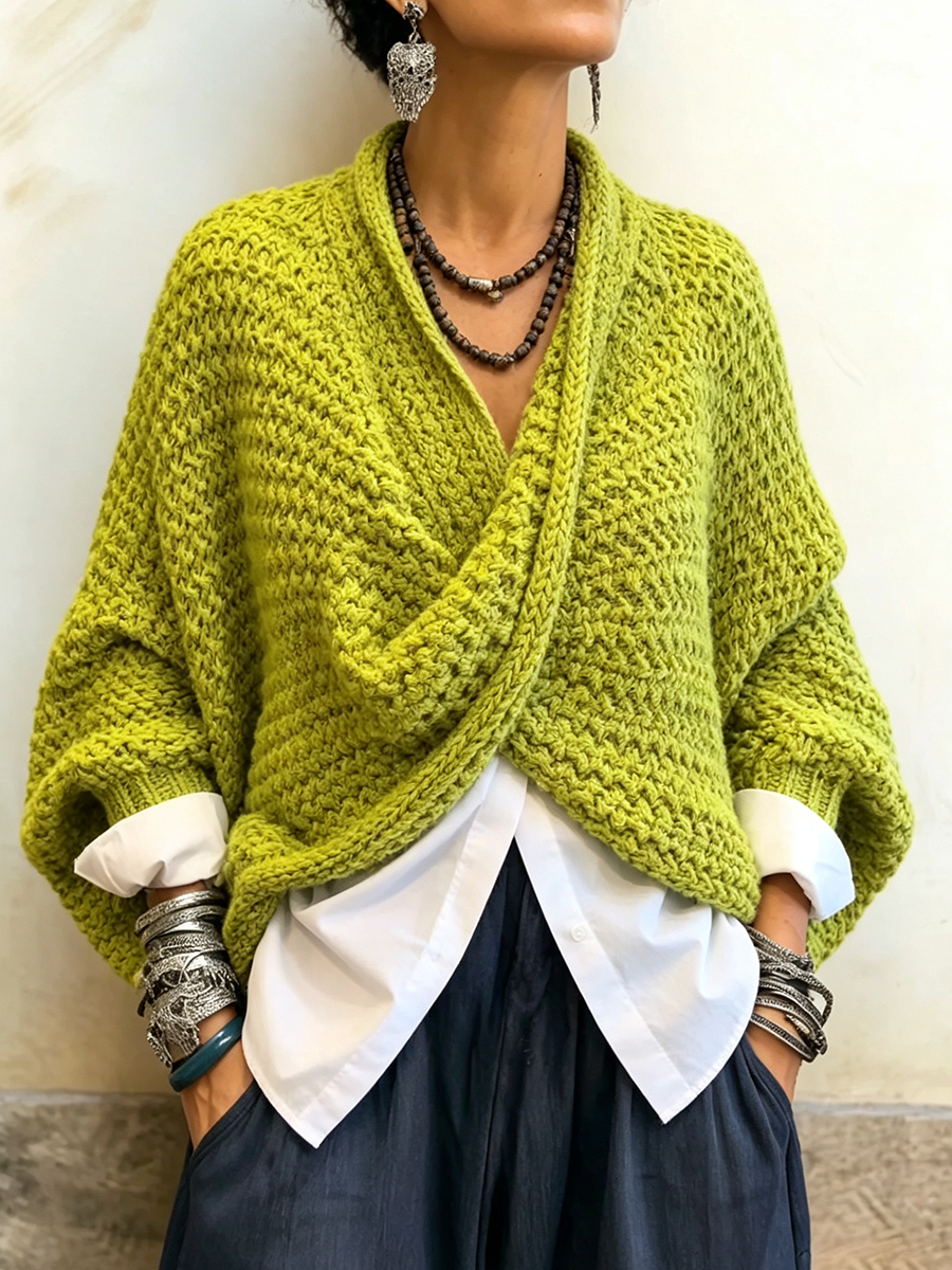 WANDA™ | Maglione Scollo a V Incrociato Manica a Pipistrello