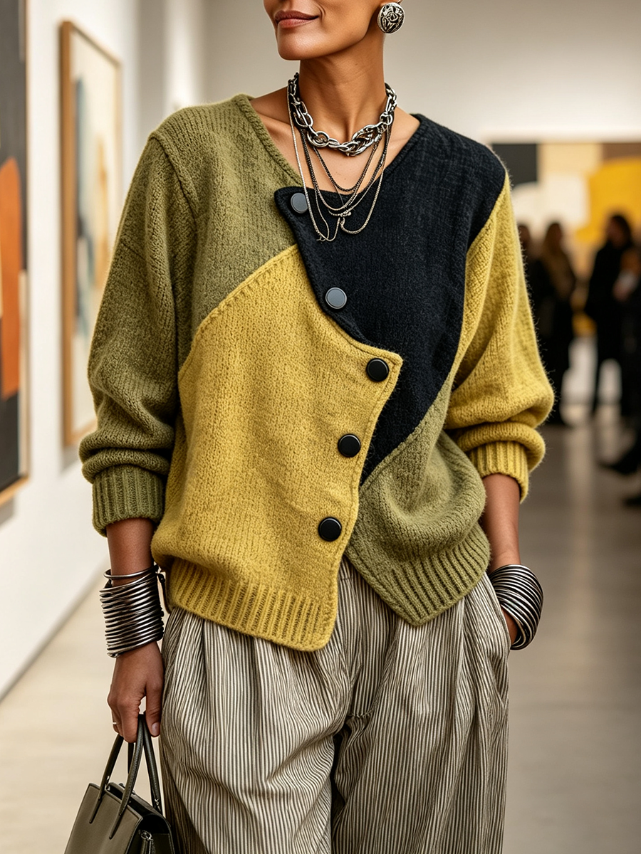 PIERA™ | Cardigan Color Block con Abbottonatura Diagonale