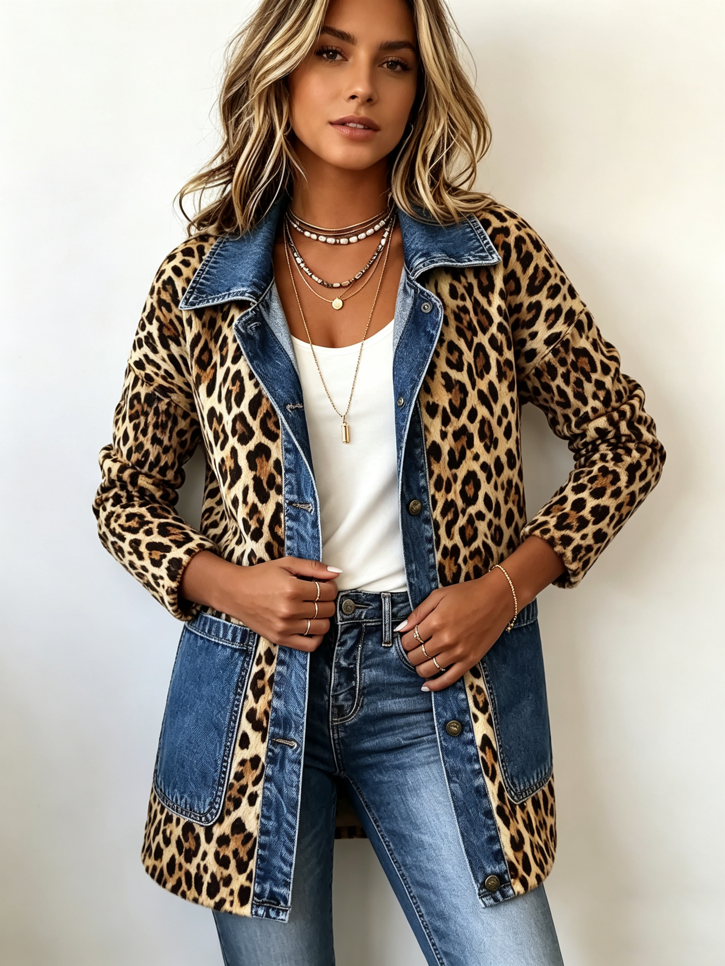 DILETTA™ | Giacca Lunga Leopardo e Denim
