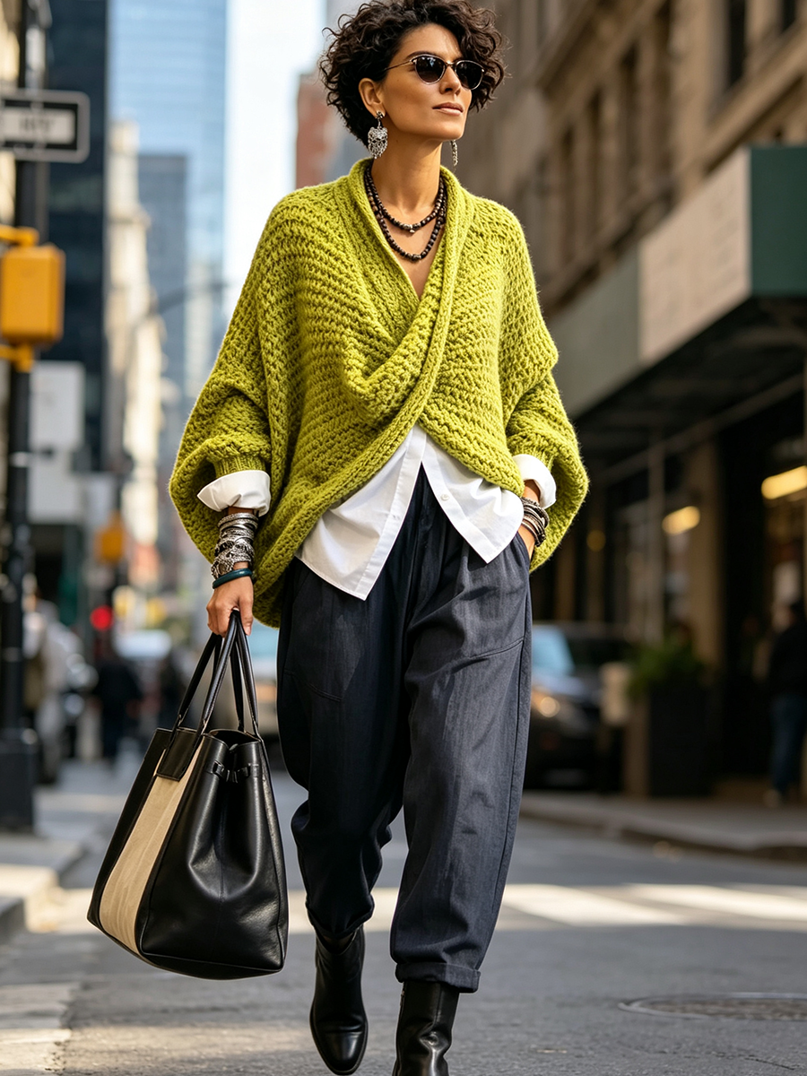 WANDA™ | Maglione Scollo a V Incrociato Manica a Pipistrello