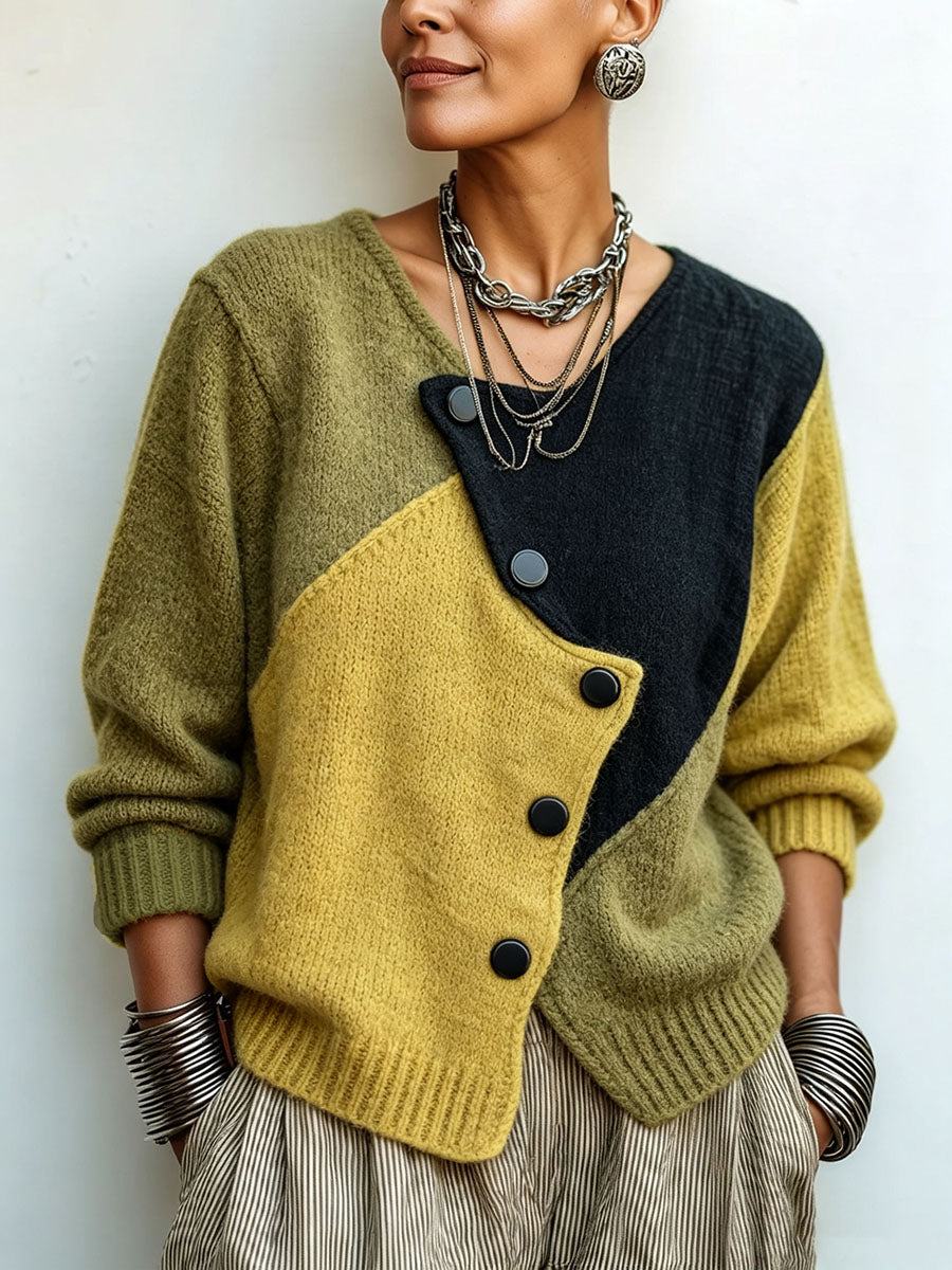 CLELIA™ | Cardigan Color Block con Bottoni Asimmetrici