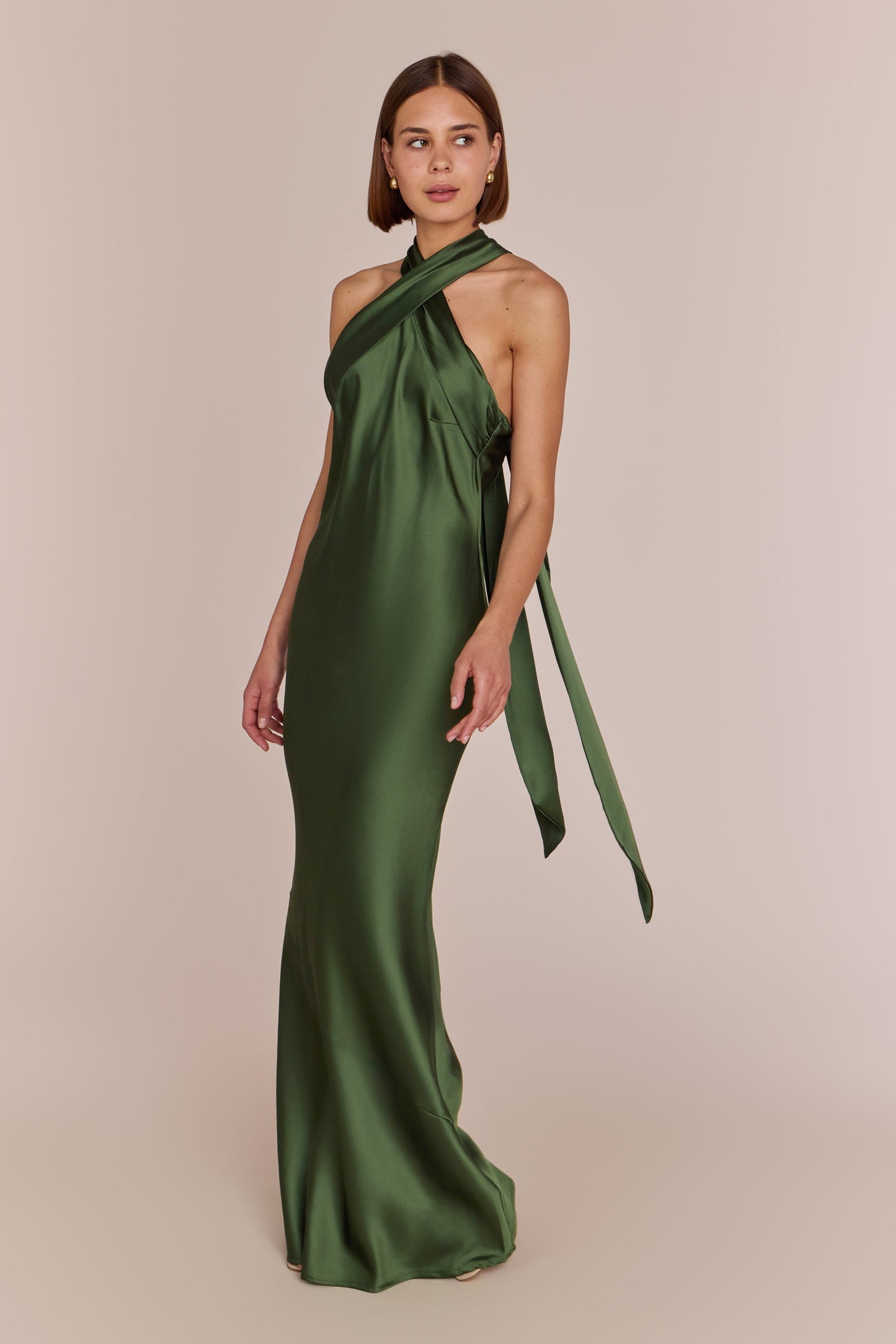 Roma Halter Neck Bridesmaid Dress in Olive Green Satin