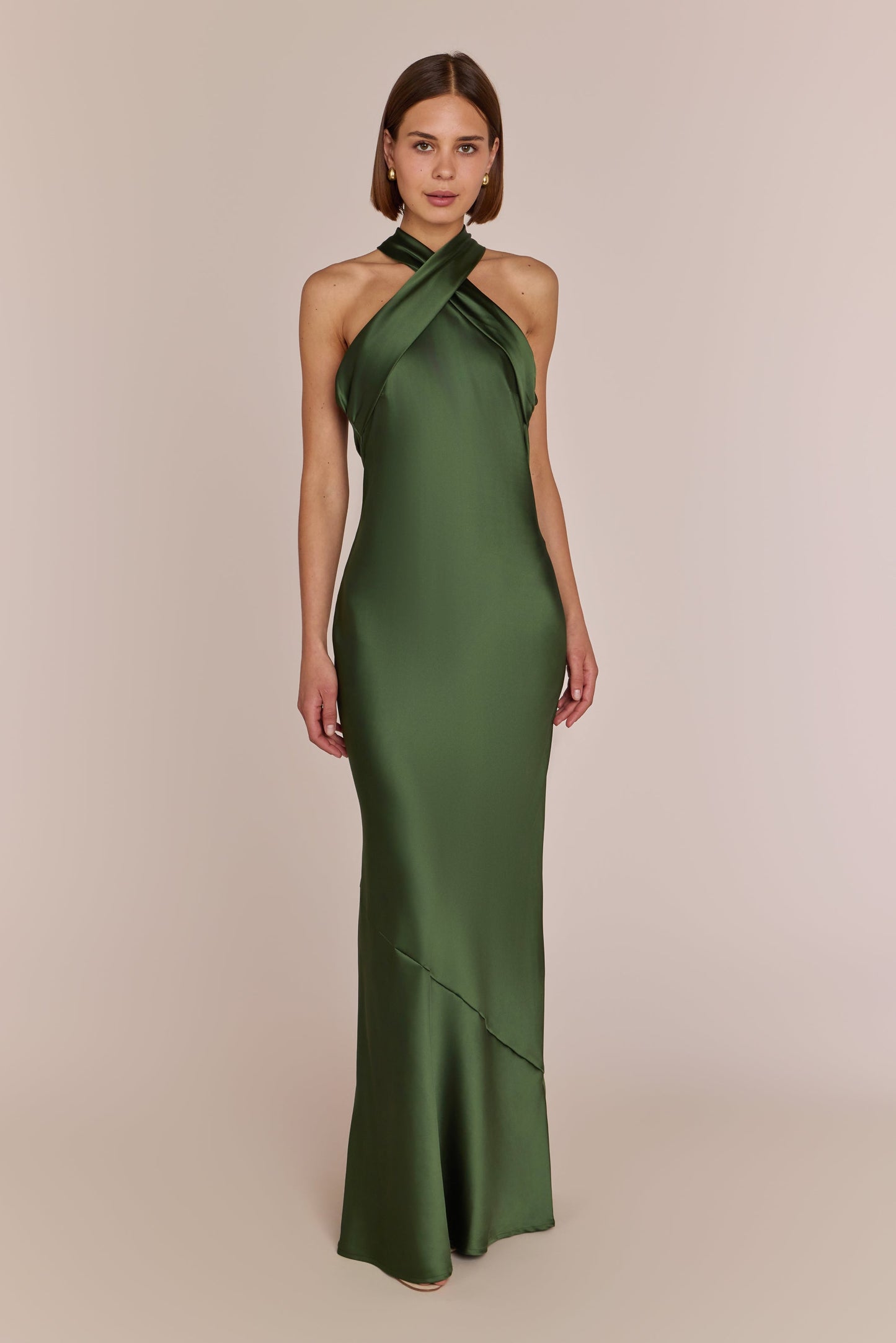 Roma Halter Neck Bridesmaid Dress in Olive Green Satin