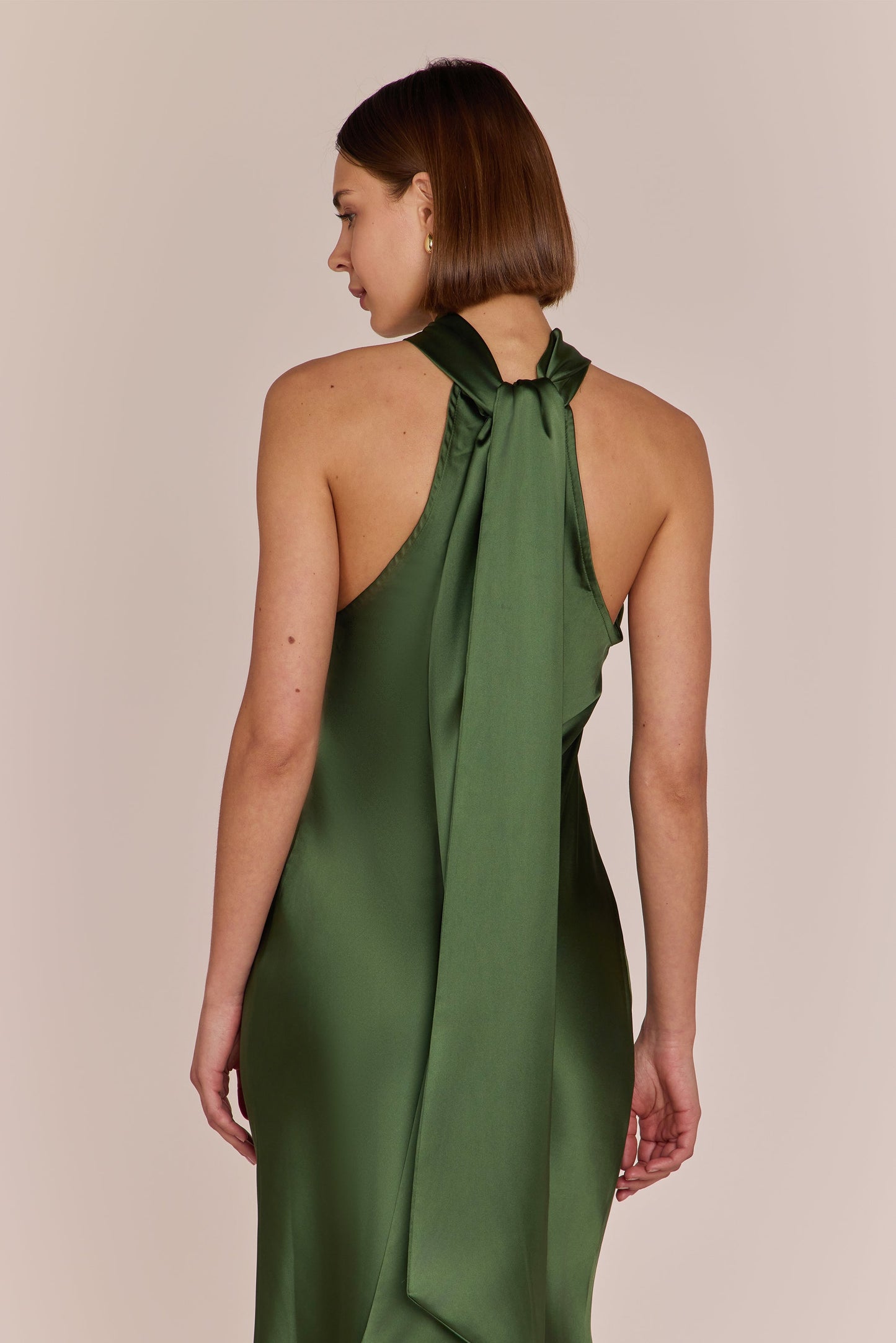 Roma Halter Neck Bridesmaid Dress in Olive Green Satin