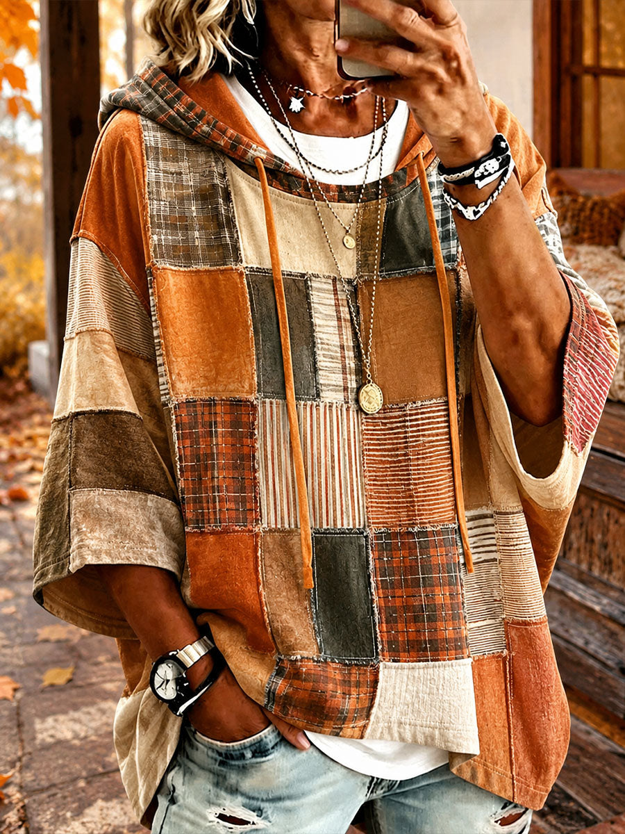 ERNESTA™ | Felpa con Cappuccio Stile Poncho Patchwork nei Toni della Terra