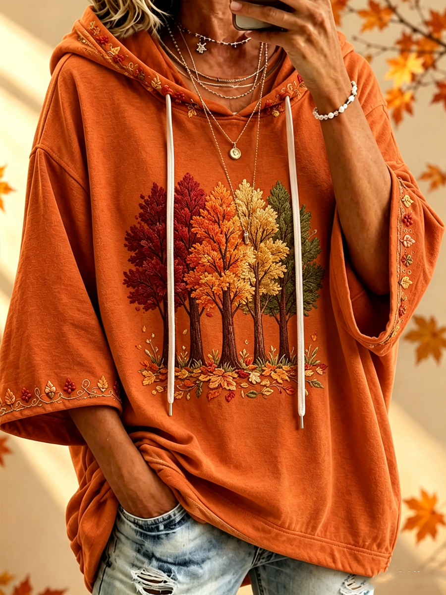 SPERANZA™ | Felpa con Cappuccio Oversize Stampa Alberi d'Autunno
