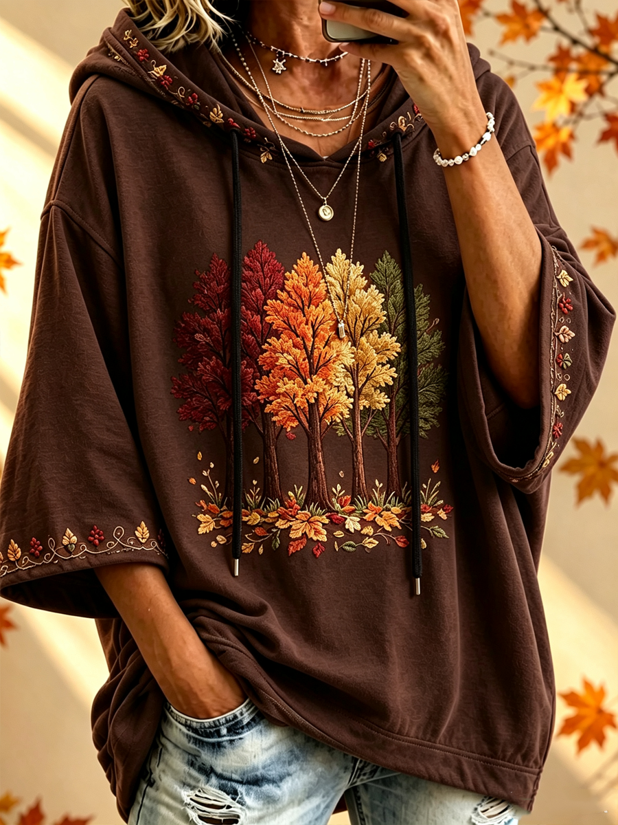 SPERANZA™ | Felpa con Cappuccio Oversize Stampa Alberi d'Autunno