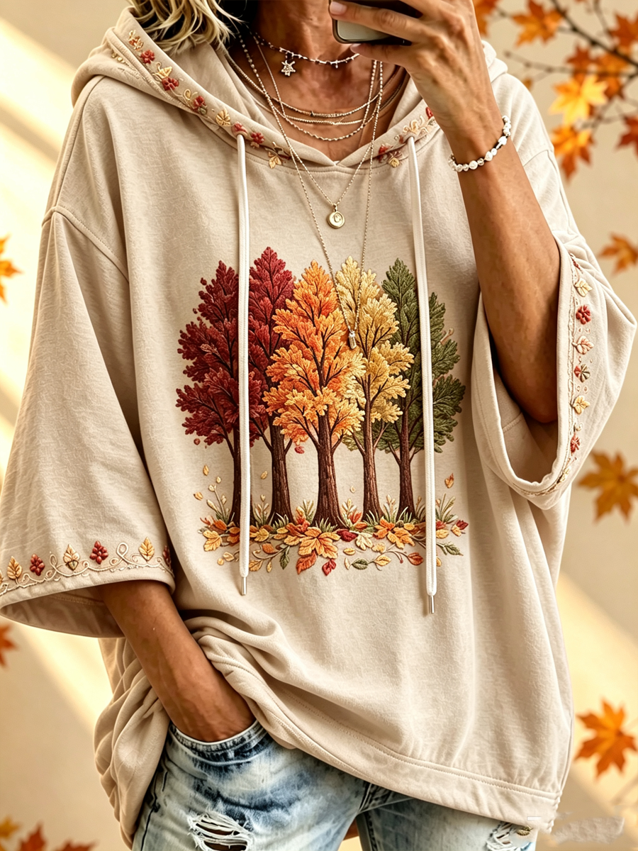 SPERANZA™ | Felpa con Cappuccio Oversize Stampa Alberi d'Autunno